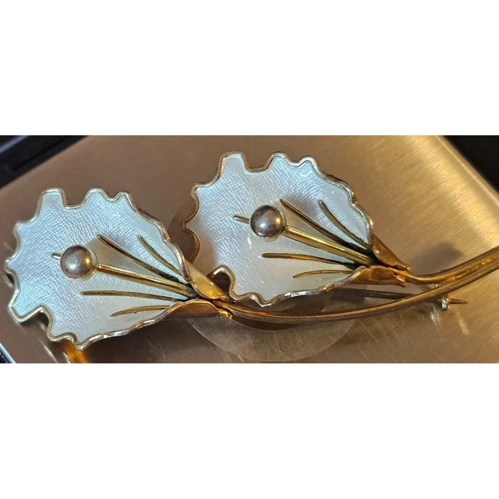Aksel Holmsen Norway Sterling Mid-Century Vermeil Enamel Double Orchid Brooch